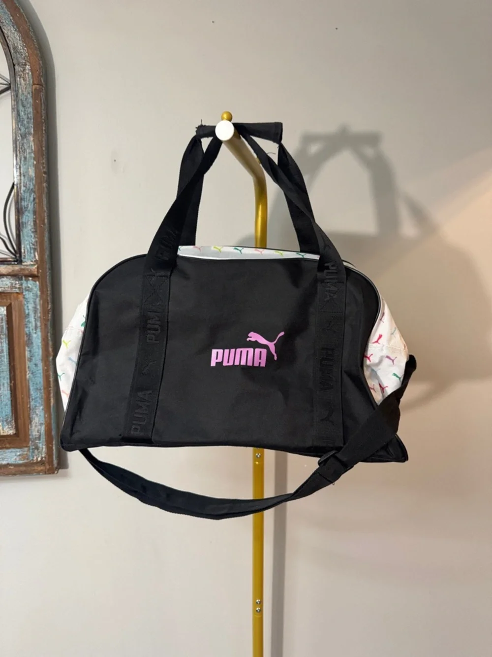 Puma Black Duffel Bag with Pink Logo and White Accents EUC - Picture 1 of 13